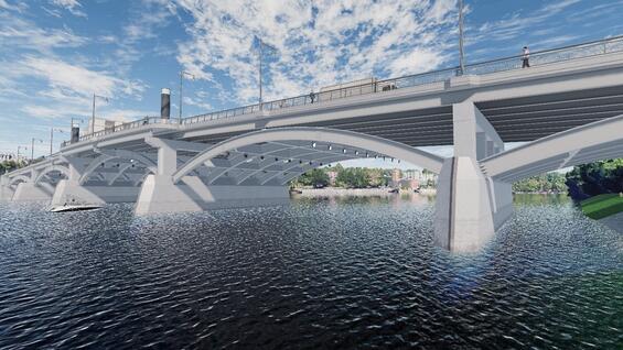 The new Basiliere Bridge’s arches recall today’s bridge