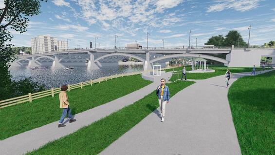 The existing bridge’s tower roofs reused for gazebos in the Bradford Rail Trail park