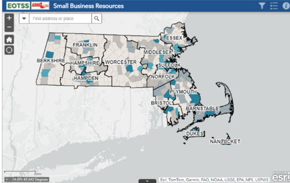 A screen shot of a map of the state of Massachusetts with the 14 counties labeled and a title that says, "Small Business Resources".