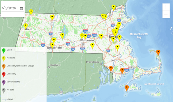 Air Quality Map of Massachusetts for July 3, 2026