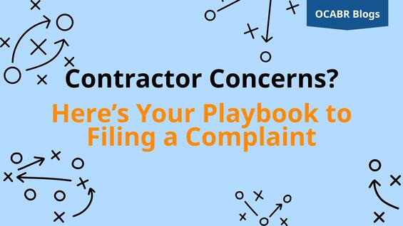  Football play diagrams on a blue background with bold text stating, "Contractor Concerns? Here’s Your Playbook to Filing a Complaint."