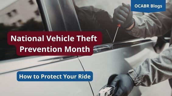 National Vehicle Theft Protection Month hero banner with an image of a car break in.