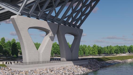 Rendering of the Sagamore Crossing, the view of the new bridge piers from the canal