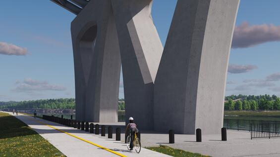 Rendering of the Sagamore Crossing, the view of the new bridge piers from the canal path
