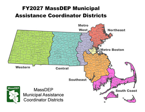Map of the seven FY2027 MassDEP Municipal Assistance Coordinator Districts.