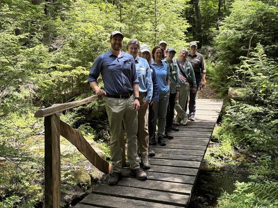 A group of people standing together on a small bridge over a flowing stream.