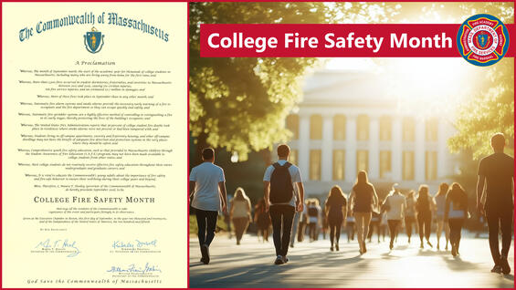 College fire safety month proclamation with image of students on a college campus