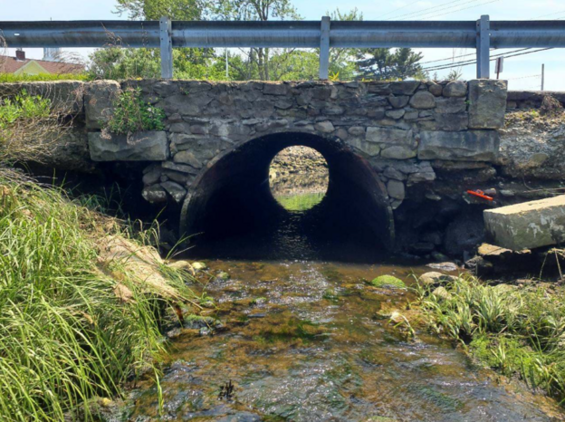 Image of a road with a stream under it.