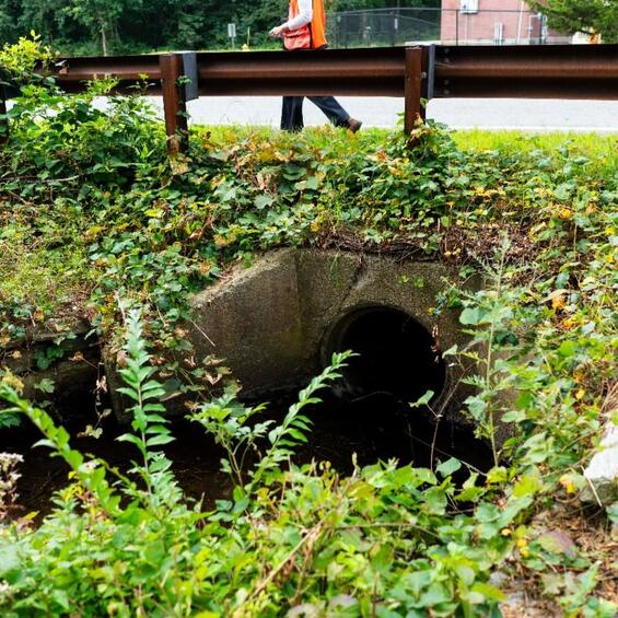 Someone walking on a road over a culvert.