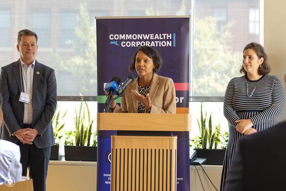 Secretary of Labor and Workforce Development Lauren Jones stands at podium