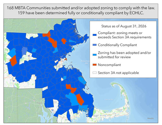 Map showing MBTA Communities and their compliance status. 