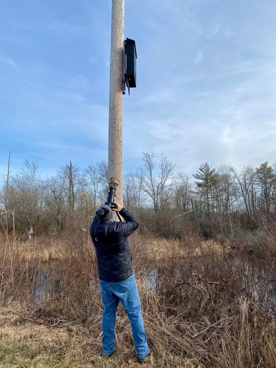 a bat house in a field and a man using a camera to look inside it