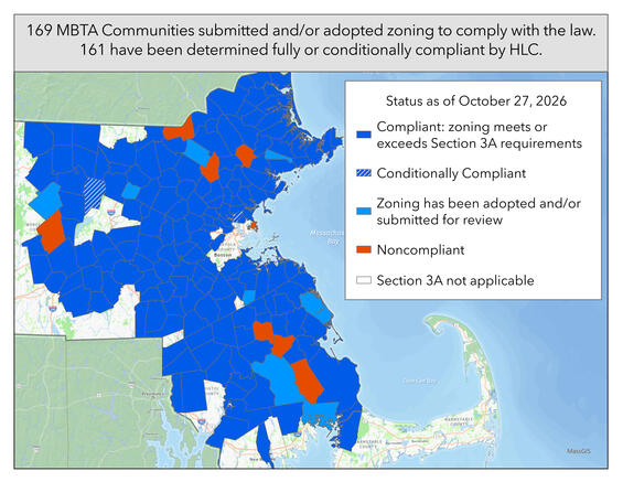 Map showing MBTA Communities and their compliance status.