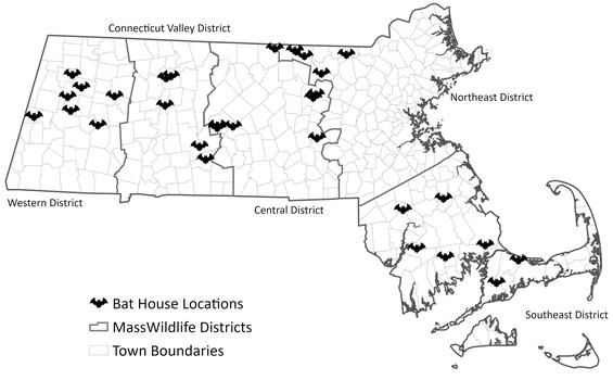 map of Massachusetts with bat house locations