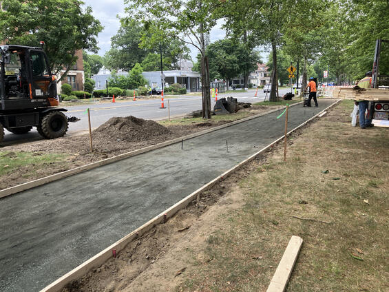 Installed sidewalk forms for cement pour.
