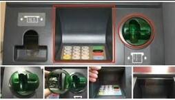 Suspected card skimmer attached to a terminal, shown from several angles.