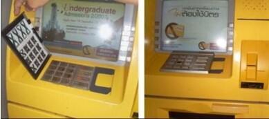 Yellow ATM shown with and without a removable keypad overlay.