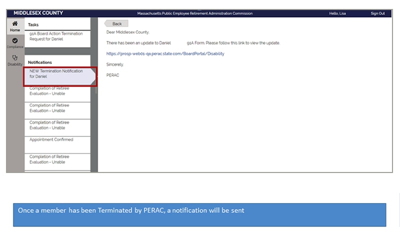 PROSPER screenshot showing task column, highlighting new termination notification