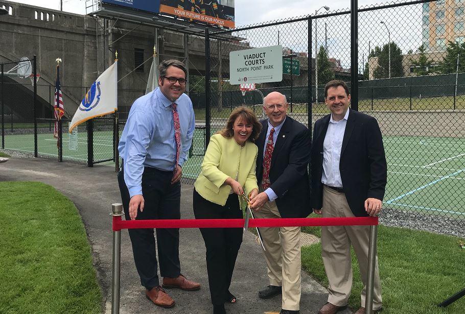 Department of Conservation and Recreation Commissioner Leo Roy joins with state and local officials to celebrate the opening of the new tennis and basketball courts located at North Point Park in Cambridge.