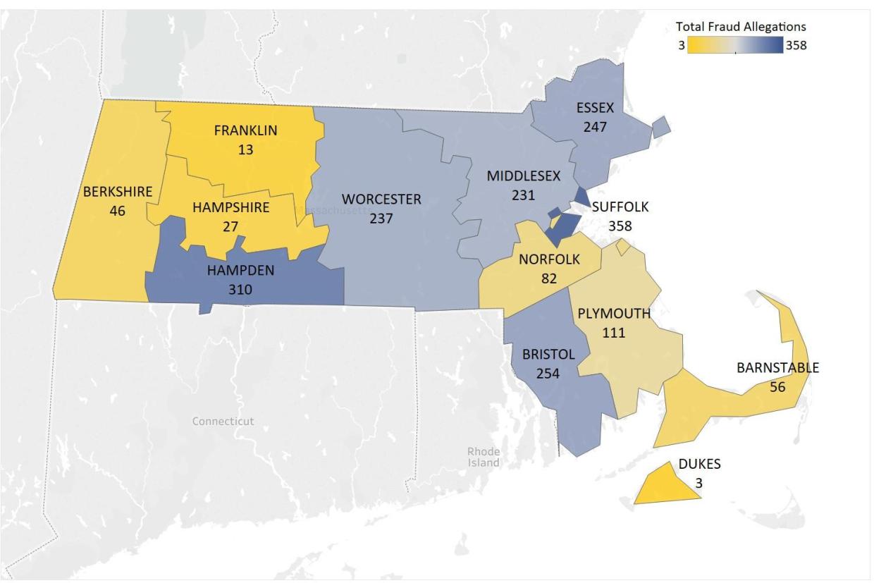 A map of Massachusetts showing the total number of Fraud Allegations by County, Barnstable had 56, Berkshire had 46, Bristol had 254, Dukes had 3, Essex had 247, Franklin had 13, Hampden had 310, Hampshire had 27, Middlesex had 231, Norfolk had 82, Plymouth had 111, Suffolk had 358, and Worcester had 237.