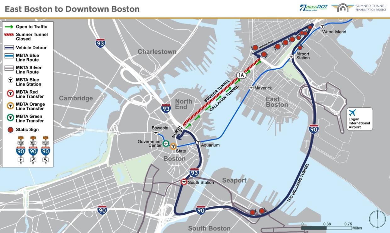 Detour map, East Boston to Downtown Boston, with drivers being rerouted via the Ted Williams Tunnel.