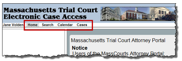Screenshot of the Attorney Portal homepage with the top menu highlighted.