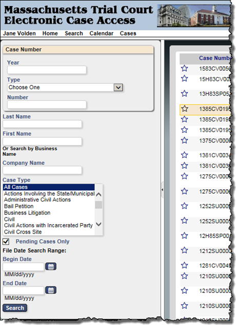 Screenshot of the Attorney Portal options for searching cases.
