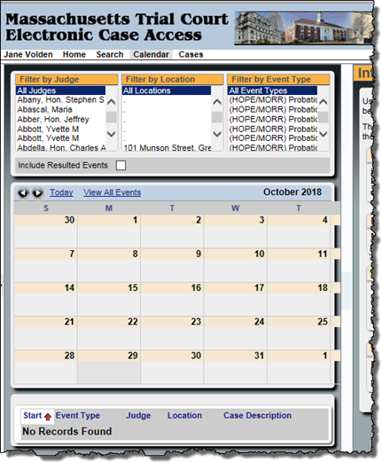 Screenshot of the Attorney Portal calendar.