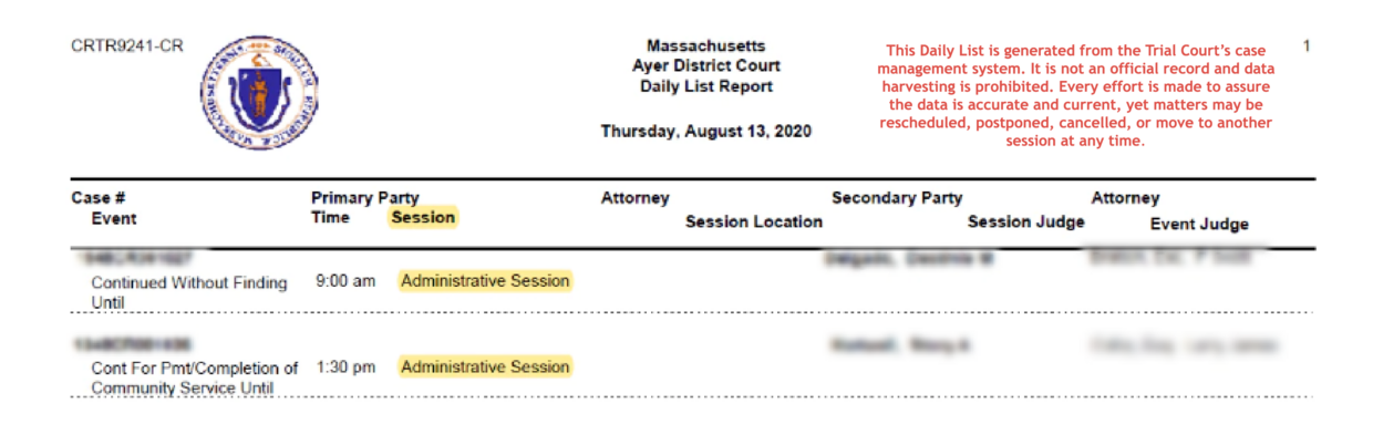 Sample District Court daily list showing "Session" and "Administrative Session" highlighted in yellow.