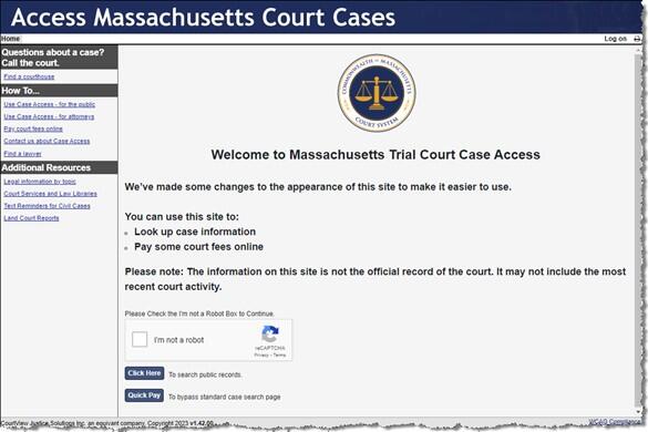 Screenshot of the MassCourts.org home page