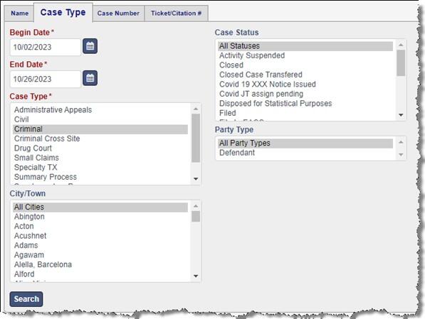 Screenshot of the MassCourts.org search screen Case Type tab 