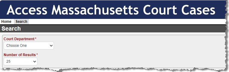 Screenshot of the MassCourts.org search screen