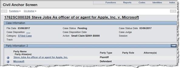 Screenshot showing two parties listed for the case in MassCourts