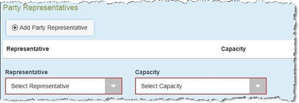 Screenshot of the Representative and Capacity dropdown boxes in the Party Representatives section