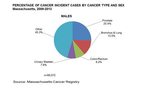 Pie chart of cancer incidence in males in Massachusetts in 2009-2013