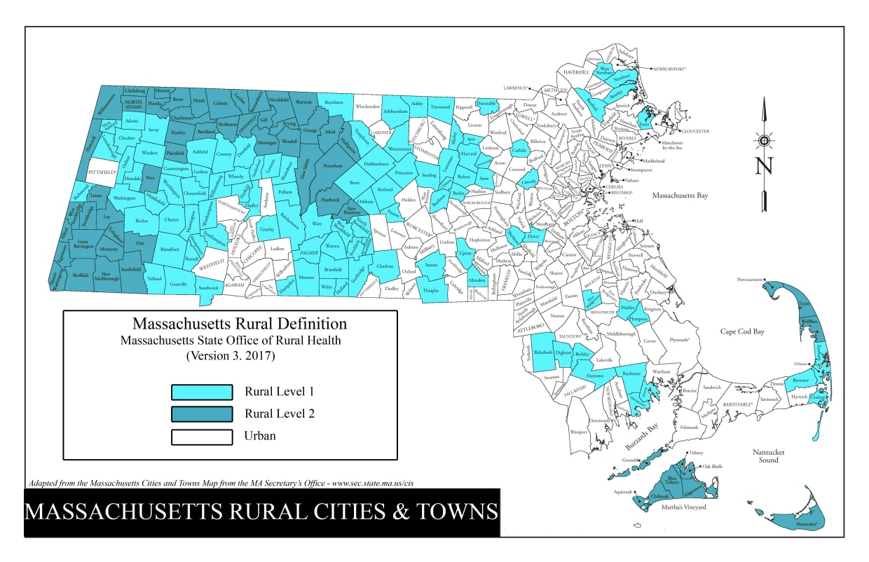 Massachusetts Rural Towns Map, Rural Level 1, Rural Level 2, and Urban categories