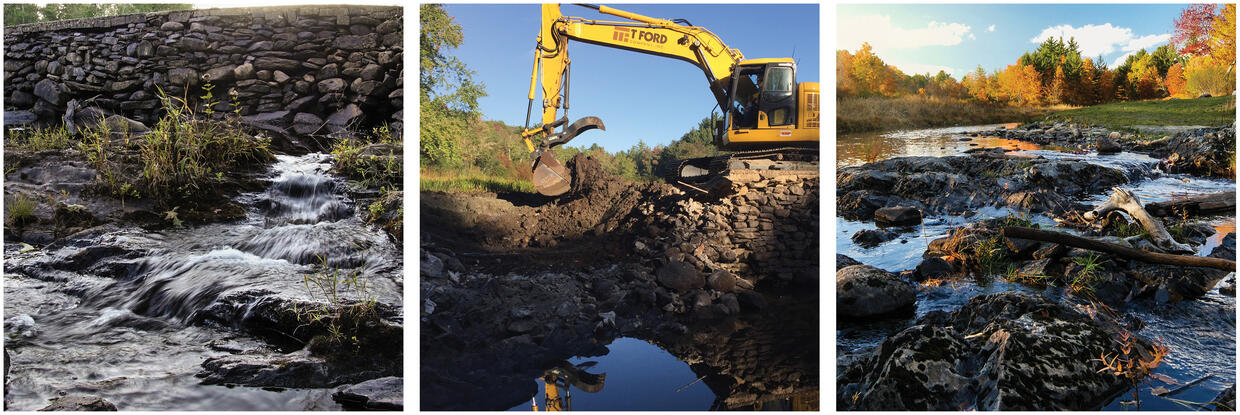 Three images show before, during and after dam removal.