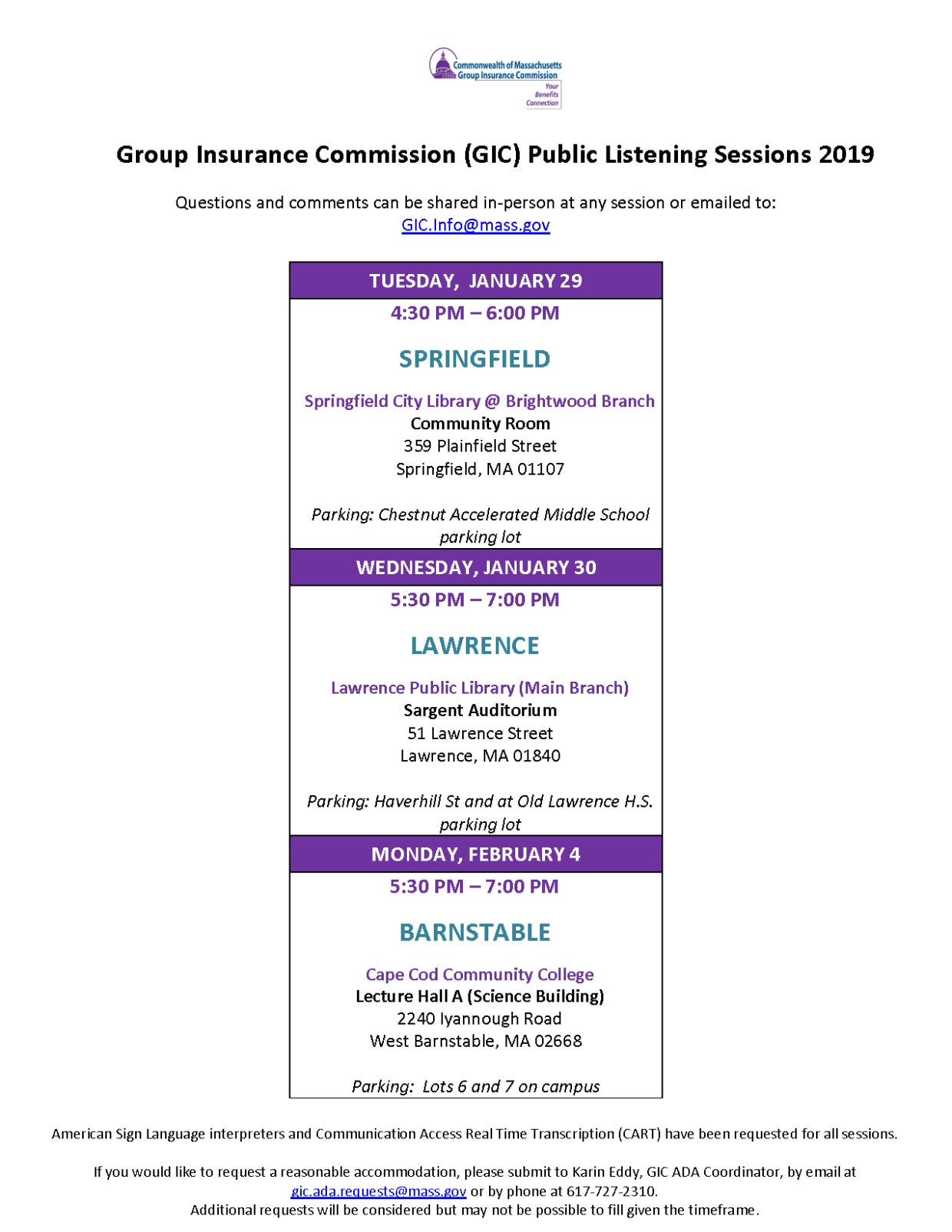 GIC Additional Public Listening Sessions 2019