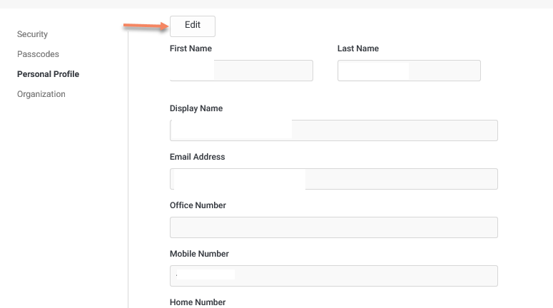 Image of the Personal Profile page with an orange arrow pointing to the edit button at the top of the page.