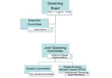 •	The Governing Board oversees the Executive Committee and the Joint Operating Committee. The Joint Operating Committee oversees the Quality Committee and the Patient and Family Advisory Council.