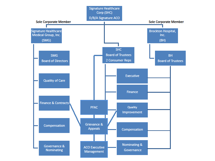 •	The Signature Healthcare Corp (SHC) D/B/A Signature ACO oversees the Signature Healthcare Medical Group, Inc, the Brockton Hostpial Inc, and the SHC Board of Trustees 2 Consumer Reps. The Signature Healthcare Medical Group oversees the SMG Board of Directors, quality of care, finance and contracts, compensation, and governance and nominating. The Brockton Hospital Inc oversees the Brockton Hospital Board of Trustees. The Brockton Hospital Board of Trustees and the SHC Board of Trustees 2 Consumer Reps 