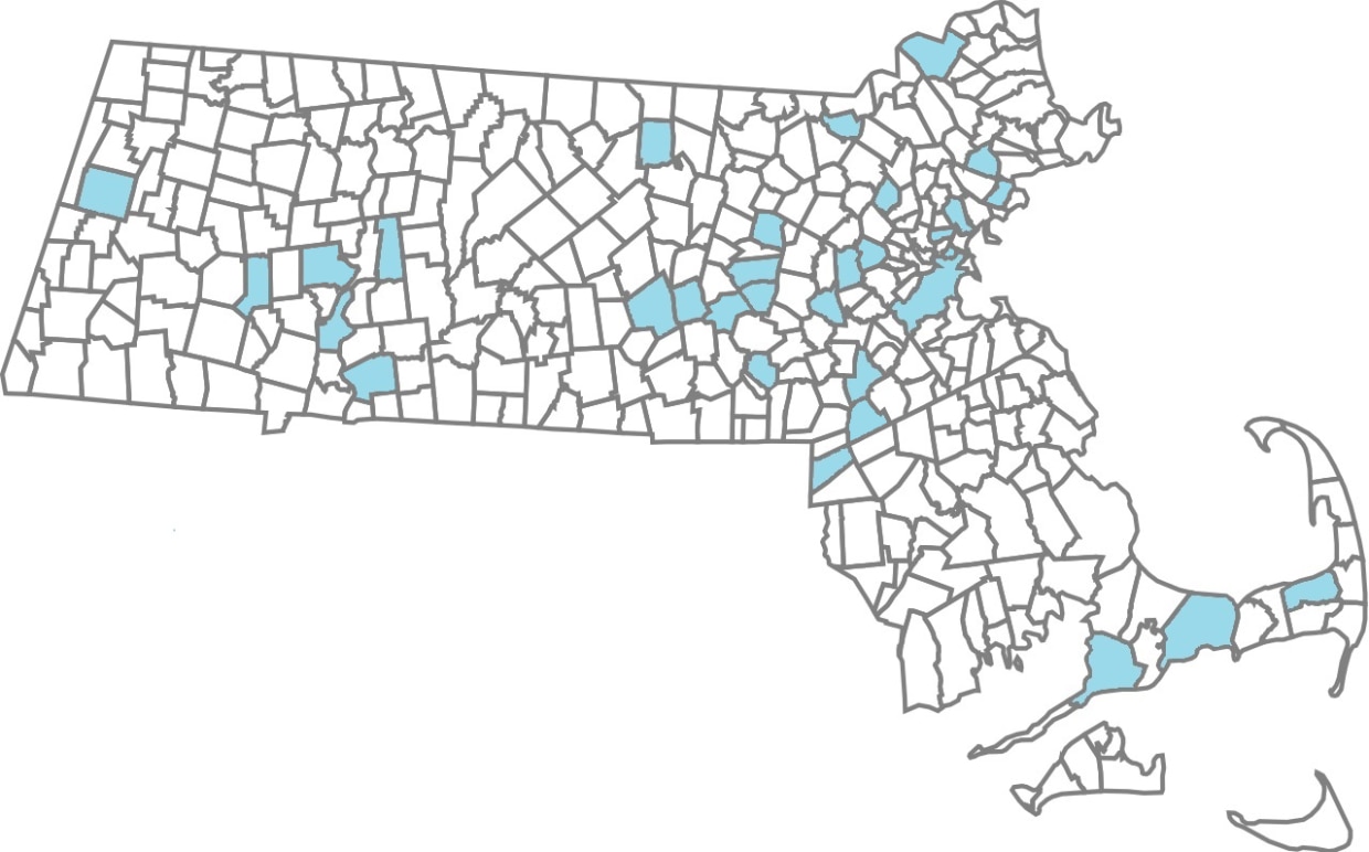 This is an image of Massachusetts municipalities in which the Regulatory and Compliance Division of the Office of the Inspector General held classes. A list of the municipalities is available in the preceding table.