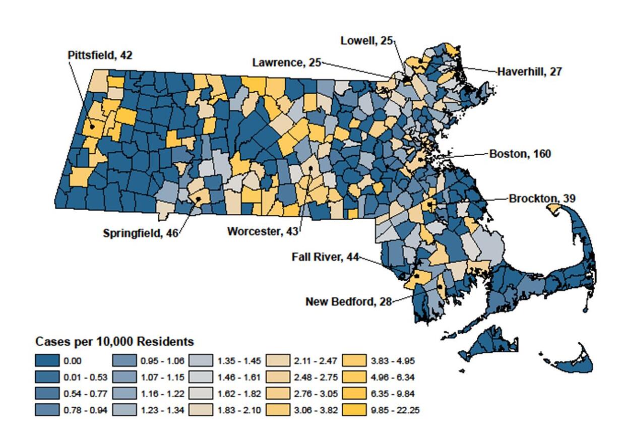 A map showing the number of incidents of sexual abuse against children per 10,000 residents by city/town in Massachusetts for screened-out District Attorney referral cases. The top 10 municipalities are as follows: Boston, with 160; Springfield, with 46; Fall River, with 44; Worcester, with 43; Pittsfield, with 42; Brockton, with 39; New Bedford, with 28; Haverhill, with 27; Lawrence, with 25; and Lowell, with 25.