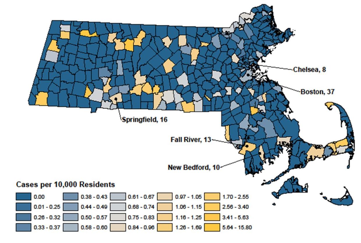 A map showing the number of incidents of sexual abuse against children per 10,000 residents by city/town in Massachusetts for screened-in supported cases. The top 5 municipalities were as follows: Boston, with 37; Springfield, with 16; Fall River, with 13; New Bedford, with 10; and Chelsea, with 8.