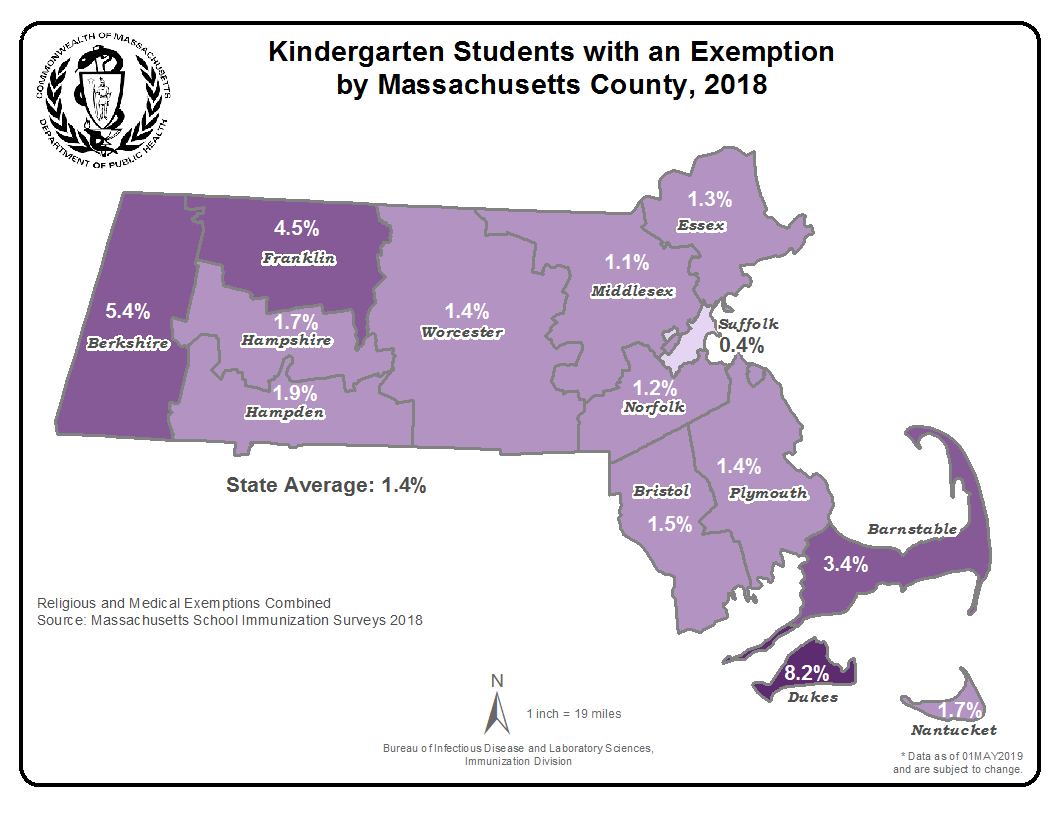 Rates of Kindergarten Students by Massachusetts County with an Exemption, 2018