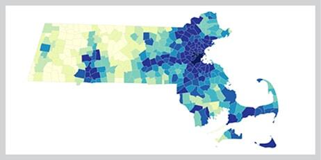 A map of Massachusetts depicting how popular rideshare services are in each municipality.