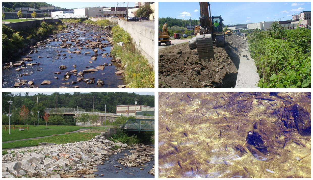 Four images showing the project before, during and after restoration