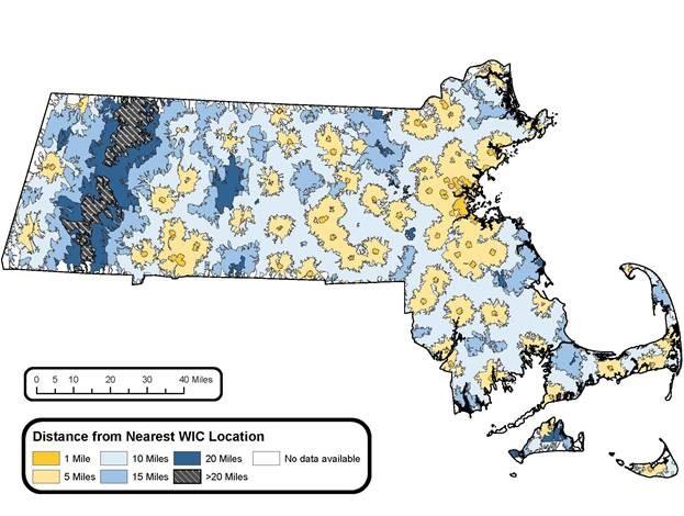 A map of Massachusetts. It shows the coverage of WIC providers across the state in terms of driving distance, broken into 1-mile, 5-mile, 10-mile, 15-mile, 20-mile, and >20-mile sections. The vast majority of places in the state are within 20 miles of a WIC provider, but a section of western Massachusetts along the Berkshires is not. All of the metro Boston area is within 5 miles of a WIC provider, and so are all major cities in the state.