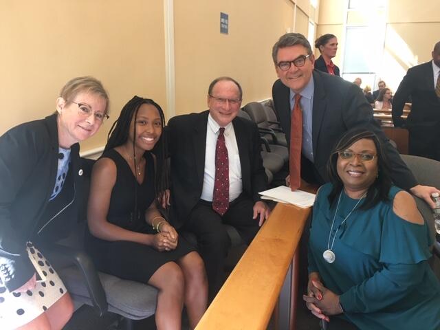 Chief Justice Paula Carey, Milton Academy student Nyla Sams, SJC Chief Justice Ralph Gants, Court Administrator Jonathan Williams, and singer Athene Wilson.
