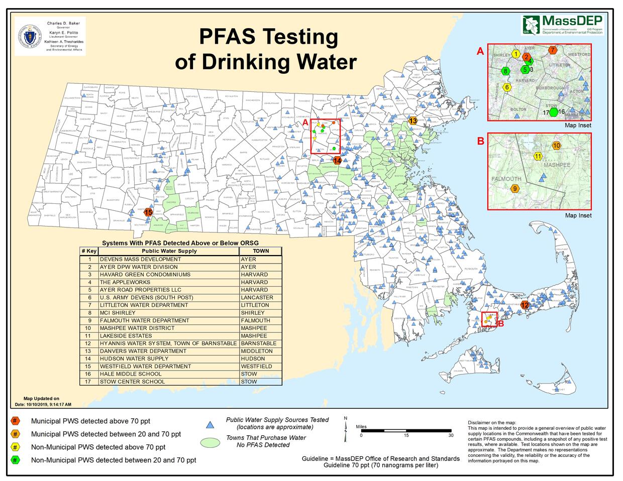 Map of Public Water Suppliers in Massachusetts with detections of PFAS chemicals.